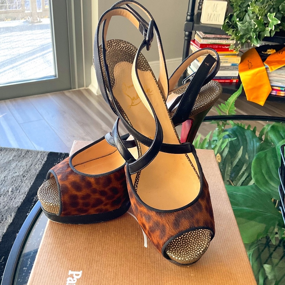 Christian Louboutin Black Leopard Red & Gold Discocotte 140 Pony Mini Platforms